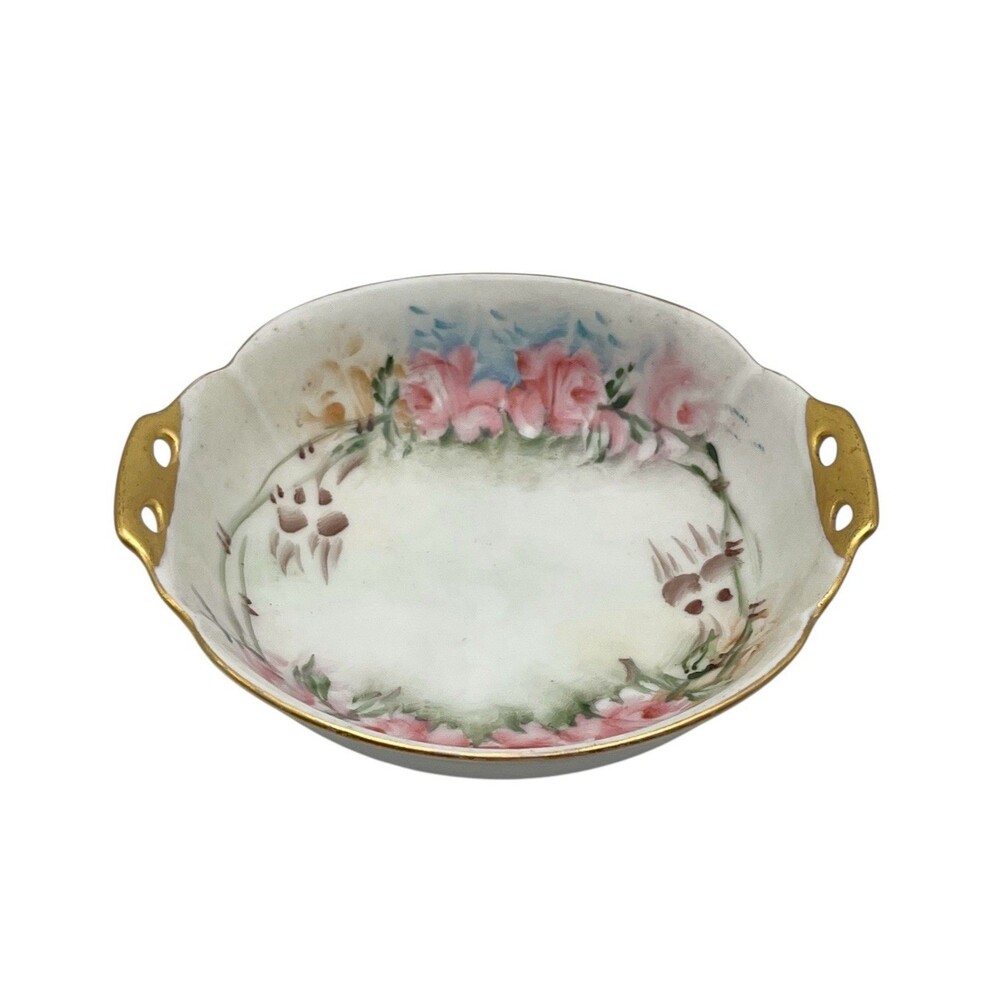 Antique Hand Painted Japan 5” Porcelain Dish Pink Roses Gold Trim Handles - Picture 5 of 6